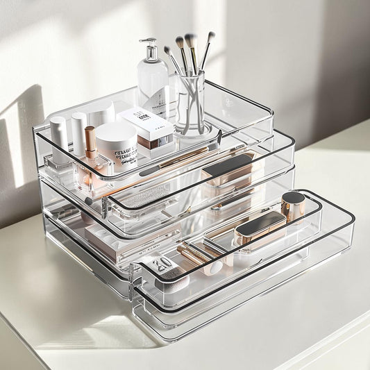 Apey Clear Acrylic Desktop Organizer - Multi-Functional Makeup and Office Stationery Storage Box with Drawers