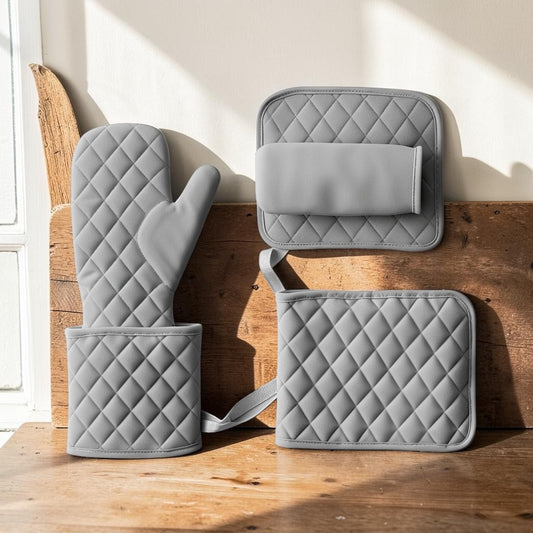 Apey Heat Resistant Silicone Oven Mitts and Pot Holders Set - Non-Slip Flexible Kitchen Cooking Gloves, 4-Piece Kit