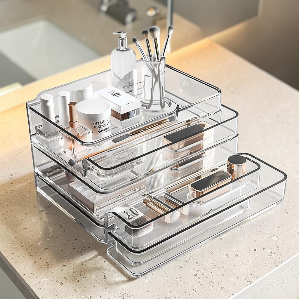 Apey Clear Acrylic Desktop Organizer - Multi-Functional Makeup and Office Stationery Storage Box with Drawers
